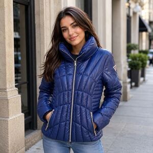 Guess Navy Blue Puffer Quilted High Neck Full Zip Coat Jacket Women Size M